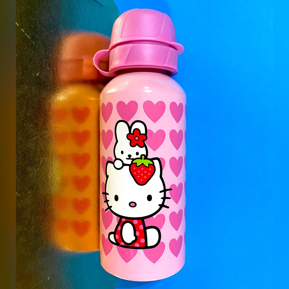 HELLO KITTY 2008 DECORATIVE PINK ALUMINUM BOTTLE WITH SCREW ON CAP 14oz 7” TALL